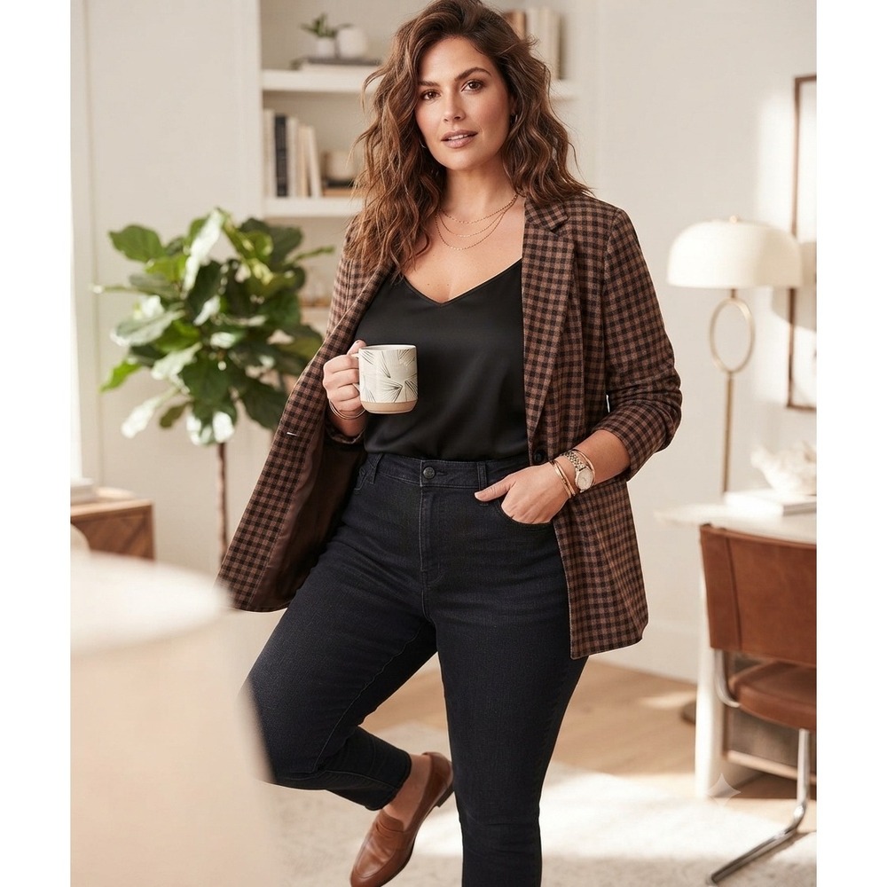 Torrid JQD Double Knit luxury Blazer Multi Gingham Brown Plaid 1X 14-16 New